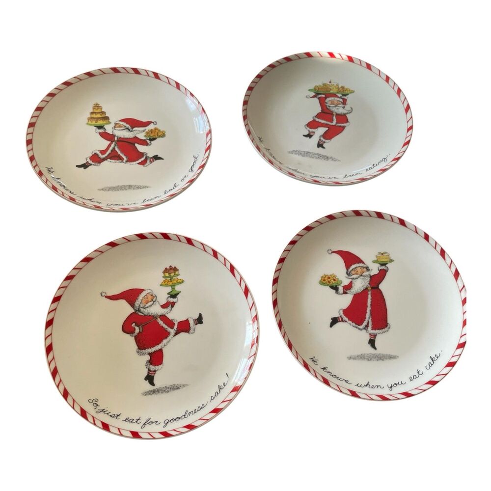 4 Boston Warehouse Peppermint Parade Santa Christmas Appetizer/Dessert Plates